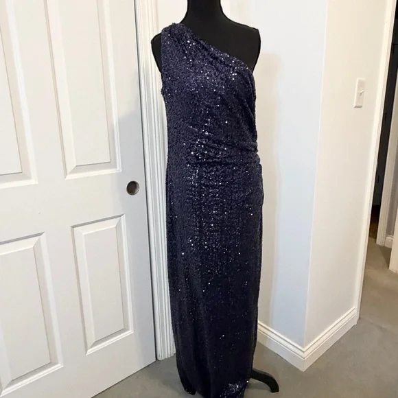 Lauren Ralph Lauren Evening - Navy Sequin One Shoulder Full Length Gown Size 14 - Picture 4 of 8